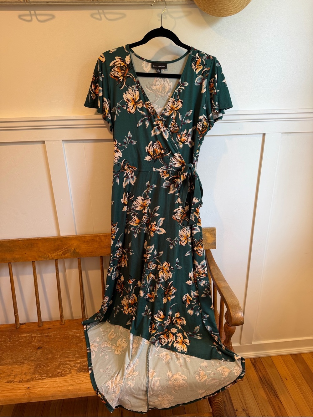 Floral Wrap Maxi Dress in Dark Green with Tie Waist